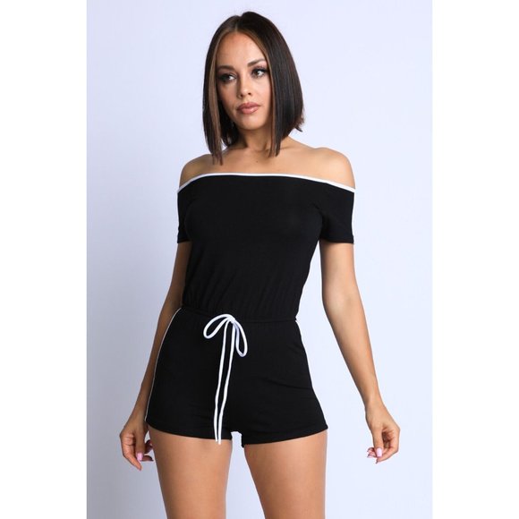 Women Line Detailed Off Shoulder Romper Strapless Sexy Cute Comfy Jumpsuit Rompe - Picture 4 of 12